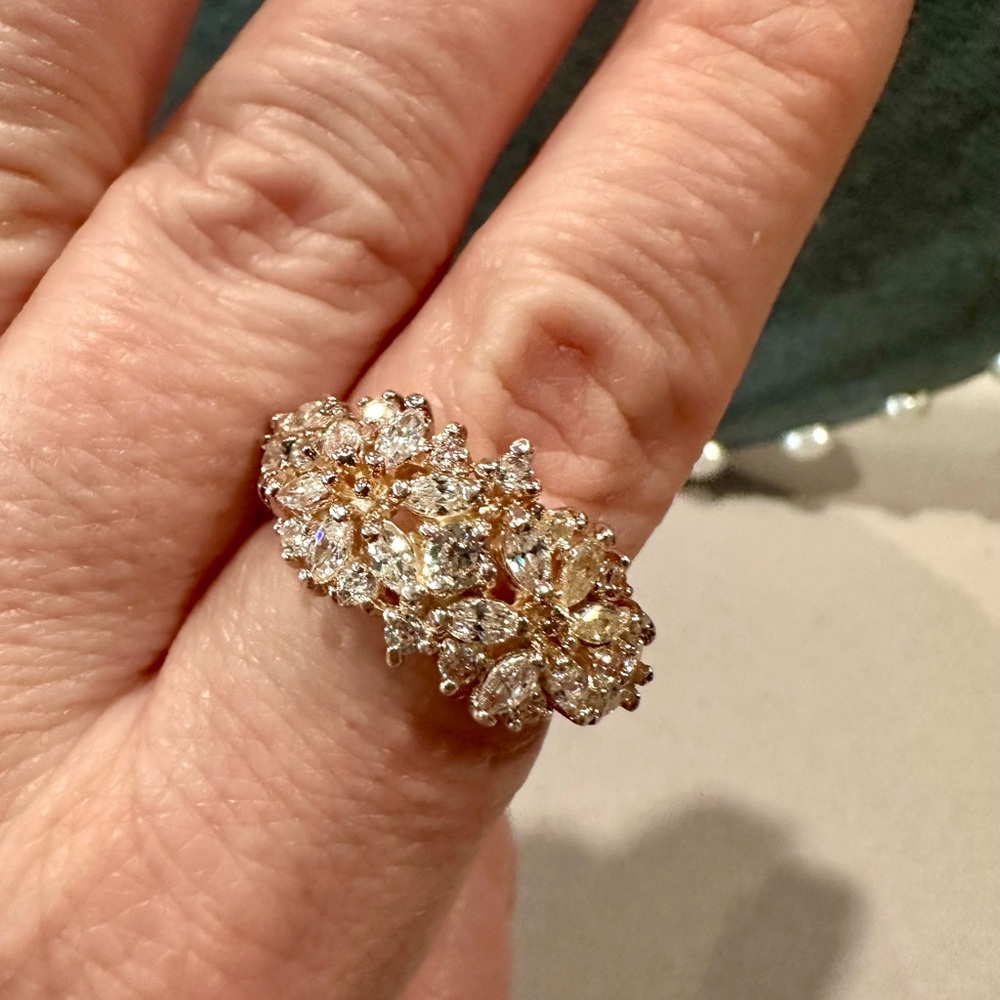 Rose Tone Gold Floral Cluster Ring with Clear Stones